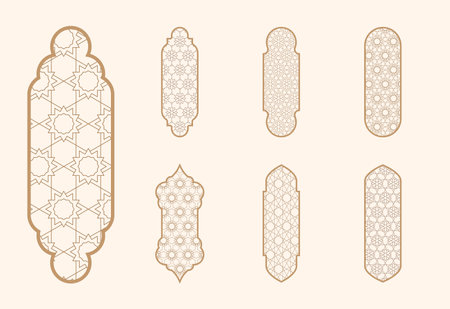 Islamic window shape with mashrabiya pattern. Arabic door frame. Islamic arhitecture elements of window and door and mashrabiya patternのイラスト素材