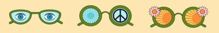 Groovy sunglasses. Collection of hippie sunglasses in trendy groovy styleのイラスト素材