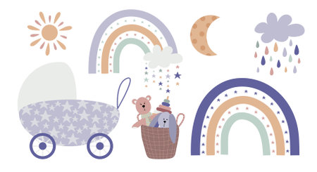 Boho baby rainbow clipart. Boho color rainbow, animals and baby elements for your kids projectのイラスト素材