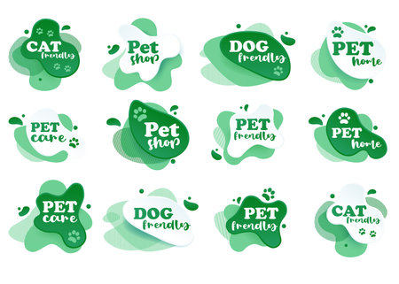 Pet friendly tag. Label and stikers emblem with drops for web and print tag. Pet friendly and care label set. Vector illustration for you designのイラスト素材