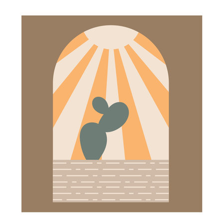 Boho boho logo cactus in minimal style. Landscape, cactus logo design templates in boho color, geometric abstract design for decorationのイラスト素材