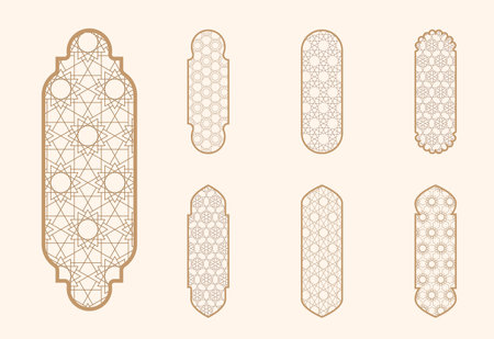 Islamic window shape with mashrabiya pattern. Arabic door frame. Islamic arhitecture elements of window and door and mashrabiya patternのイラスト素材