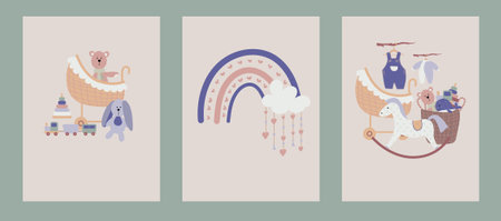 Boho baby rainbow card clipart. Boho color rainbow, animals and baby elements for kids bedrooms posterのイラスト素材