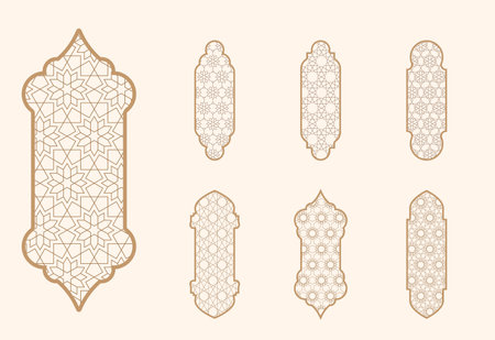 Islamic window shape with mashrabiya pattern. Arabic door frame. Islamic arhitecture elements of window and door and mashrabiya patternのイラスト素材