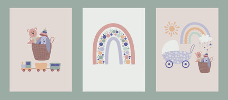Boho baby rainbow card clipart. Boho color rainbow, animals and baby elements for kids bedrooms posterのイラスト素材