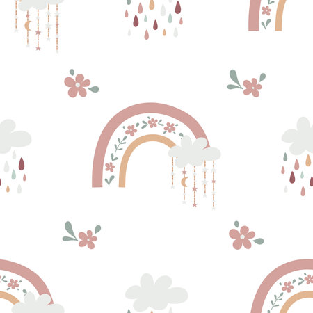 Boho baby rainbow seamless pattern. Boho color rainbow background for your projectのイラスト素材