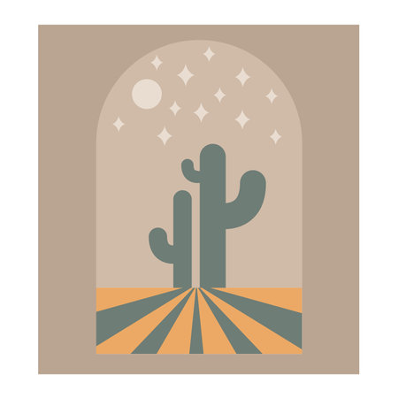 Boho boho logo cactus in minimal style. Landscape, cactus logo design templates in boho color, geometric abstract design for decorationのイラスト素材