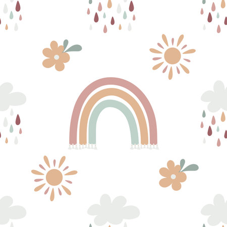 Boho baby rainbow seamless pattern. Boho color rainbow background for your projectのイラスト素材