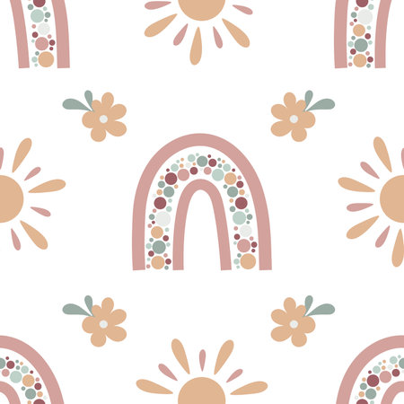 Boho baby rainbow seamless pattern. Boho color rainbow background for your projectのイラスト素材