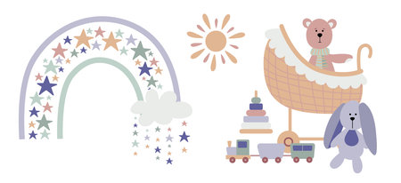 Boho baby rainbow clipart. Boho color rainbow, animals and baby elements for your kids projectのイラスト素材