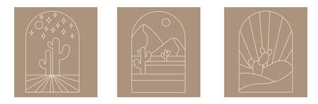 Boho boho logo cactus set in minimal line style. Landscape, cactus logo design templates in line style, geometric abstract design for decoration.のイラスト素材