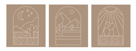 Boho boho logo cactus set in minimal line style. Landscape, cactus logo design templates in line style, geometric abstract design for decoration.のイラスト素材