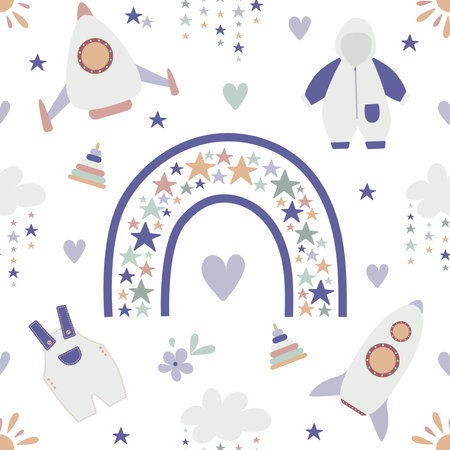 Boho baby rainbow seamless pattern. Boho color rainbow background for your project.のイラスト素材