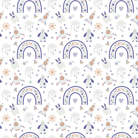 Boho baby rainbow seamless pattern. Boho color rainbow background for your project.のイラスト素材