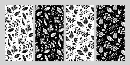Seamless neo folk art vector patterns set with flowers, black and white floral design. Neo folk style endless background perfect for textile designのイラスト素材