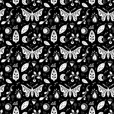 Seamless neo folk art vector pattern with butterfly, moth and flowers, black and white floral design. Neo folk style endless background perfect for textile designのイラスト素材