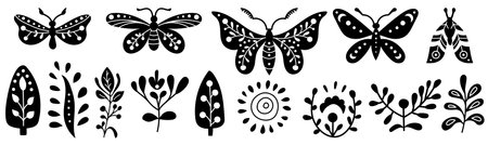 Set neo folk elements with butterfly, moth and flowers, black and white floral designのイラスト素材