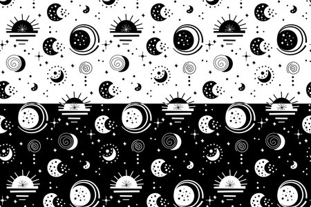 Seamless neo folk patterns with moon, cloud, sun and stars, black and white celestial design. Set Neo folk style endless backgrounds perfect for textile designのイラスト素材