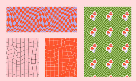 Psychedelic checkerboard background. Wavy vector illustrations, trendy psychedelic style and groovy color checkerboardのイラスト素材