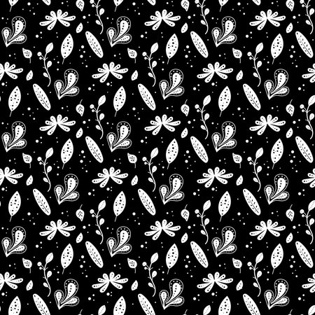 Seamless neo folk art vector pattern with flowers, black and white floral design. Neo folk style endless background perfect for textile designのイラスト素材