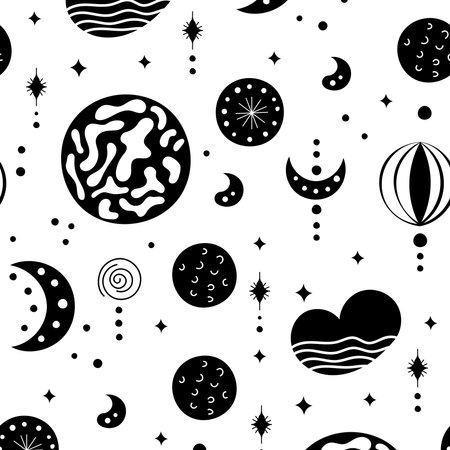 Seamless neo folk patterns with moon, cloud, sun and stars, black and white celestial design. Set Neo folk style endless backgrounds perfect for textile designのイラスト素材