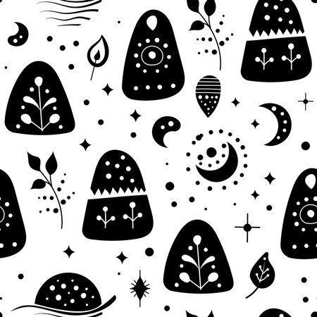 Seamless neo folk art vector pattern with mountains, moon and flowers, black and white floral design. Neo folk style endless background perfect for textile designのイラスト素材