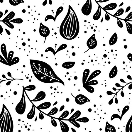 Seamless neo folk art vector pattern with flowers, black and white floral design. Neo folk style endless background perfect for textile designのイラスト素材