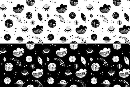 Seamless neo folk patterns with moon, cloud, sun and stars, black and white celestial design. Set Neo folk style endless backgrounds perfect for textile designのイラスト素材