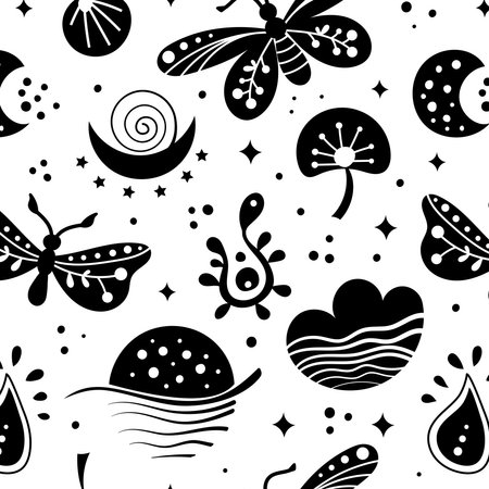 Seamless neo folk art vector pattern with butterfly, moth and flowers, black and white floral design. Neo folk style endless background perfect for textile designのイラスト素材