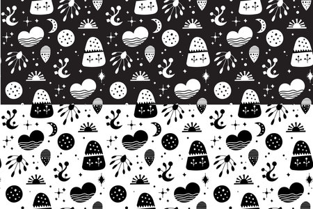 Seamless neo folk art vector pattern with mountains, moon and flowers, black and white floral design. Neo folk style endless background perfect for textile designのイラスト素材