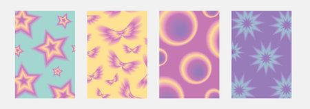 Set brochure y2k aura. Blurred heart, butterfly and stars with aura in trendy style y2kのイラスト素材
