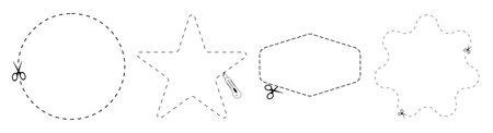Cut here icon. Set of scissors cutting shape, paper cut here icon with dotted line for ticket, coupon, promo codeのイラスト素材