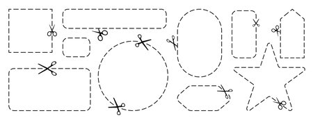 Cut here icon. Set of scissors cutting shape, paper cut here icon with dotted line for ticket, coupon, promo codeのイラスト素材