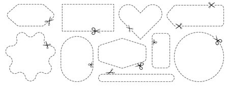 Cut here icon. Set of scissors cutting shape, paper cut here icon with dotted line for ticket, coupon, promo codeのイラスト素材