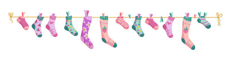 Clothesline socks. Socks on a rope, Baby socks with patterns vector cartoonのイラスト素材