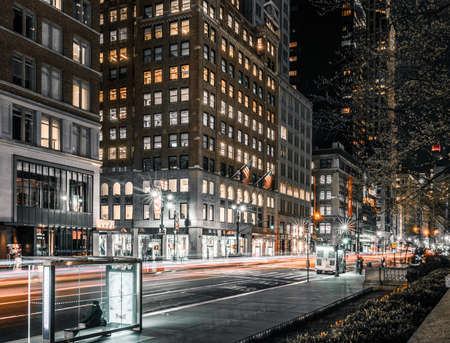 Long exposure busy Manhattan night time trafficのeditorial素材