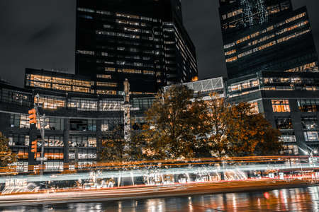 long exposure night time of Columbus Circle and trafficの写真素材
