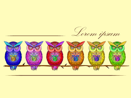 postcard with bright, colorful owlsのイラスト素材