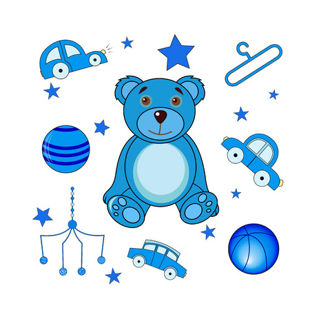 A set of cute cartoon icons for newborn baby boy. Baby shower elements.のイラスト素材