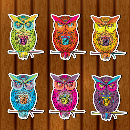 sticker set of multicolored owls in vector EPS 10のイラスト素材