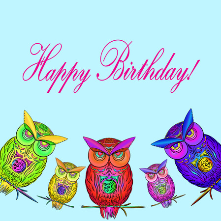 postcard with bright, colorful owls in vector EPSのイラスト素材