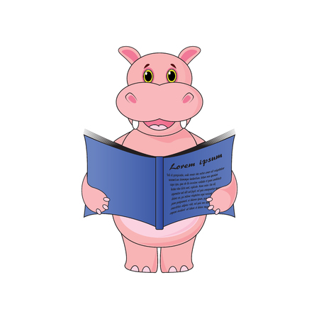 Hippo holding a book on white background in vector.のイラスト素材