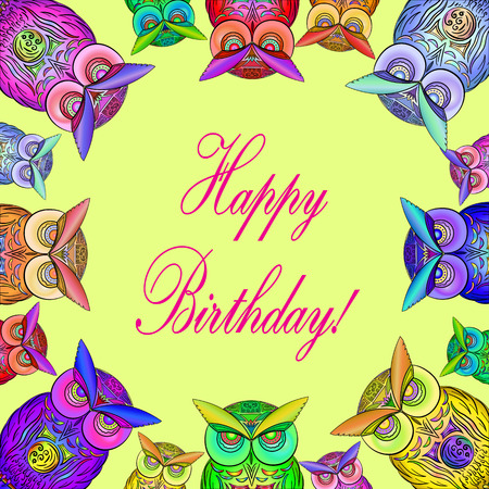 postcard with bright, colorful owls in vector EPSのイラスト素材