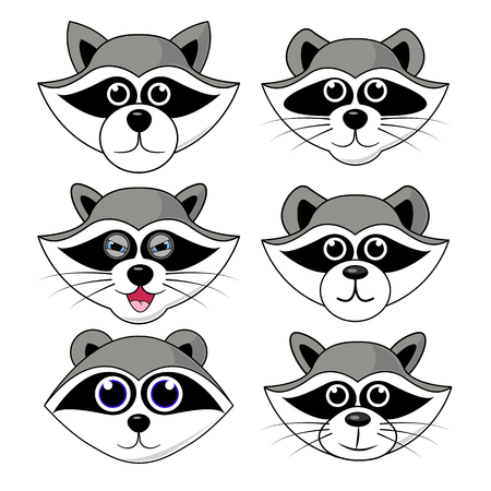 raccoon gargle, head, facial expression and emotion illustration on white background in vector set.のイラスト素材