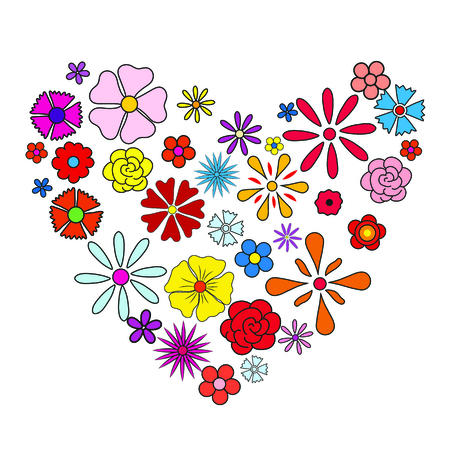 heart of colorful flowers isolated on white background.のイラスト素材