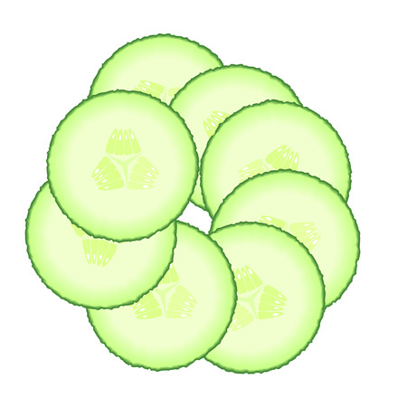 set of green cucumber slices. Illustration of vegetables isolated on a white background. Diet healthy organic food. Ingredient salad. Chopped the food the Cooking. Product from the garden.のイラスト素材