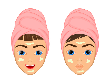 Girl cares and protects her face with various actions, facial, treatment, beauty, healthy, hygiene, lifestyle, set, in a towelのイラスト素材
