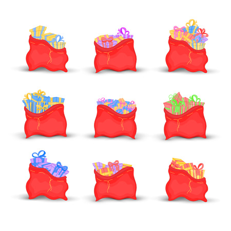 set bags Santa Claus is filled with bright gifts with bows for kids. illustration of Christmas red bags. new year collection. isolated on white background.のイラスト素材