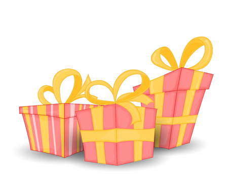 Vector set of different Colorful wrapped gift boxes.Beautiful Christmas and new-year present box with overwhelming bow. Vector illustrationのイラスト素材