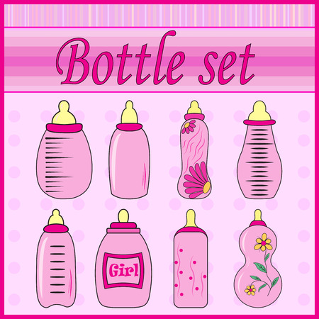 set of baby bottles for girl in vector EPSのイラスト素材